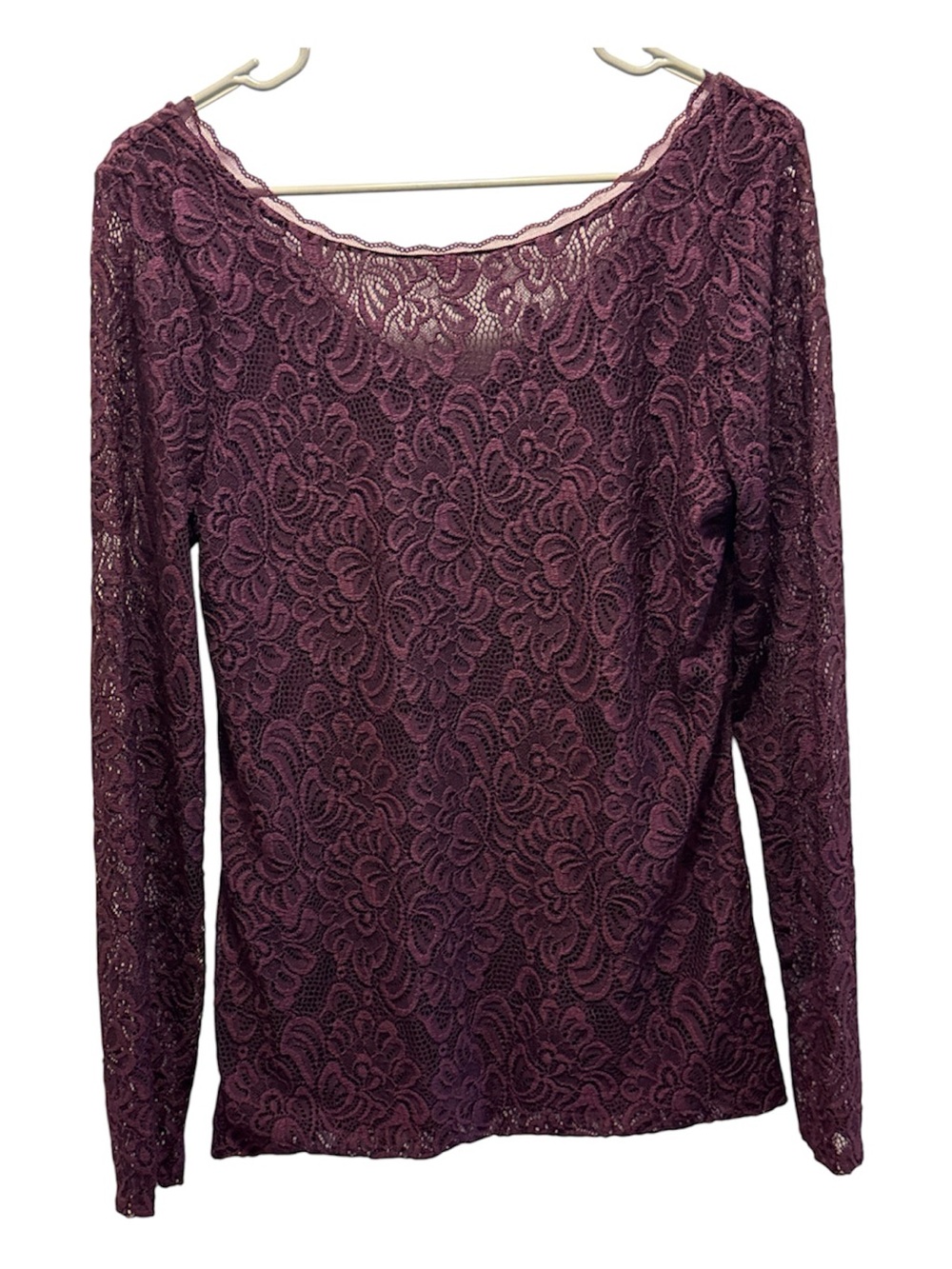 White House Black Market Semi Sheer Plum Lace Long-Sleeve Top V-Back